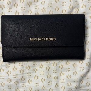 Michael Kors Black Saffiano Leather Continental Wallet with Gold Logo